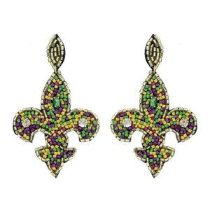 Fleur de Lis Mardi Gras Seed Bead Post Earrings Festive Purple Green Gold 0222